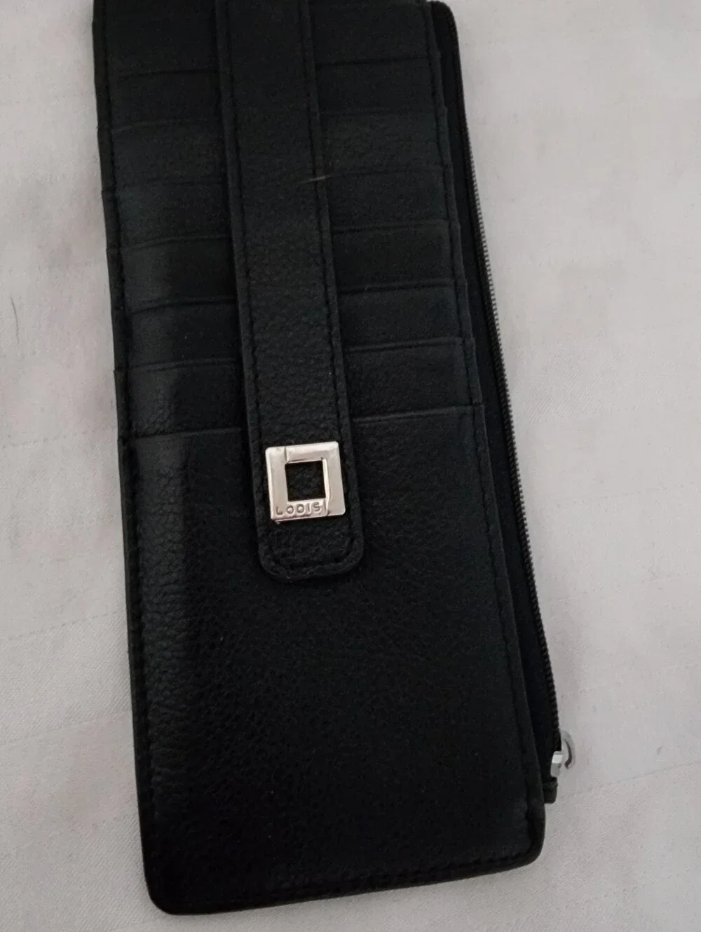 Lodis Black Leather Zip Wallet with Silver Accent